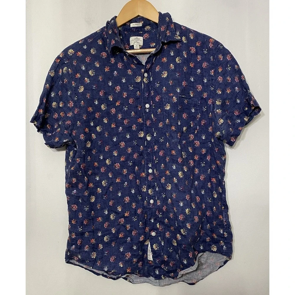 J. Crew Shirt Albini Linen Indigo Floral Short Sleeve Button‑Up Medium AOP